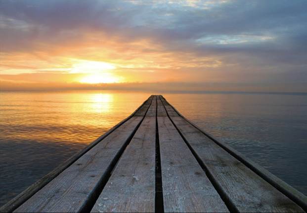 A long wooden dock leading to the water

Description automatically generated